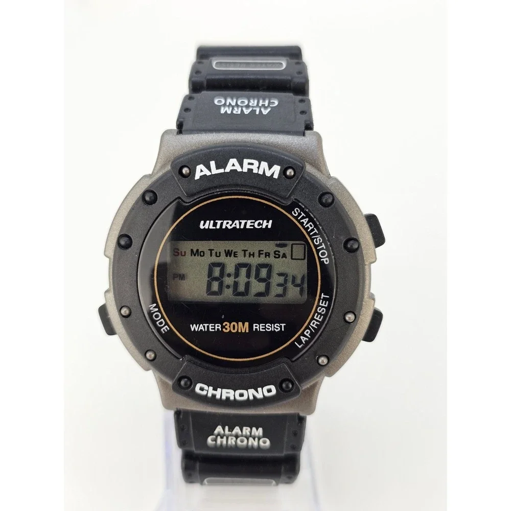 Men's Sports Digital Watch 44MM Black Plastic Bands Alarm Chrono New Battery